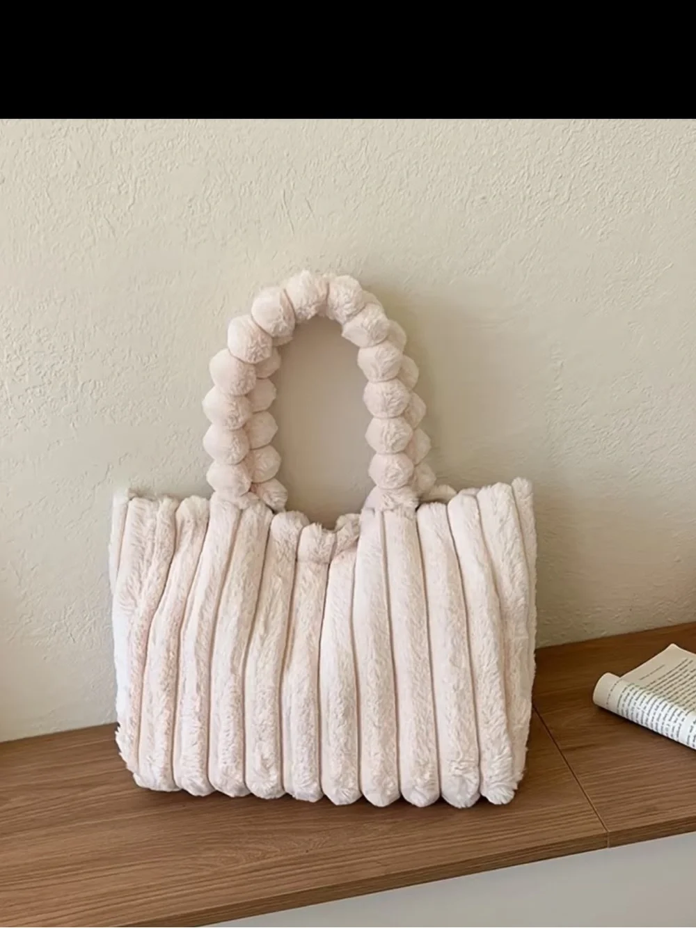Plush Faux Fur Tote Bag in white- Soft Handle Carryall